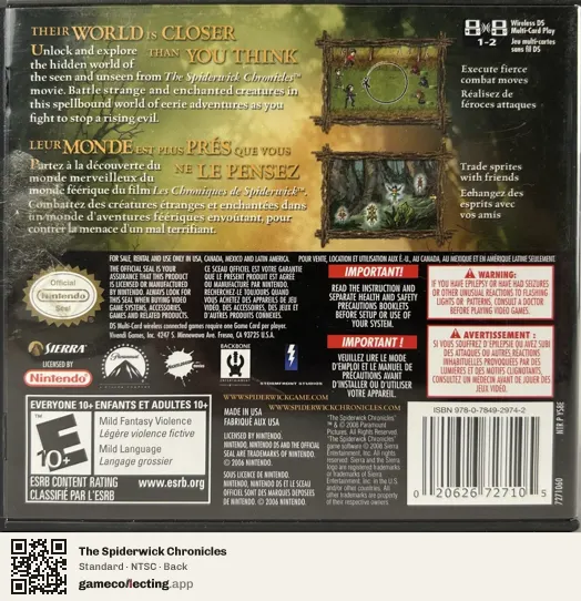 The Spiderwick Chronicles Nintendo DS, NTSC box back