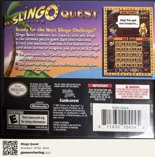 Slingo Quest Nintendo DS, NTSC box back