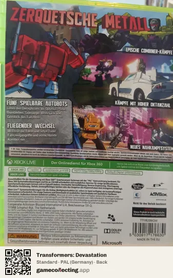 Transformers: Devastation Xbox 360, Germany box back