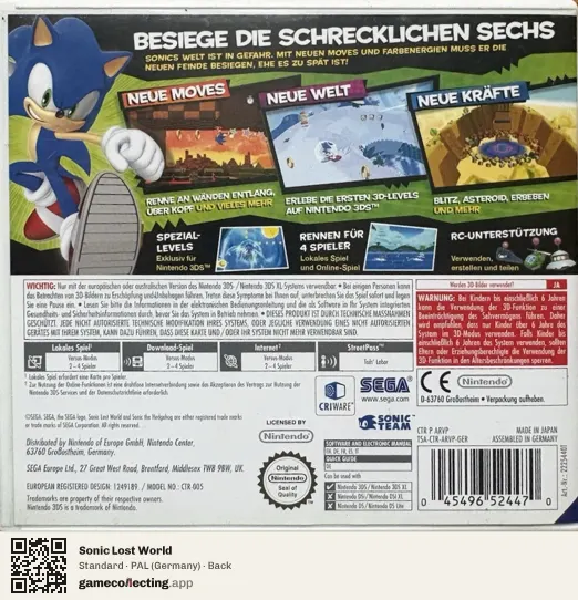 Sonic Lost World Nintendo 3DS, Germany box back