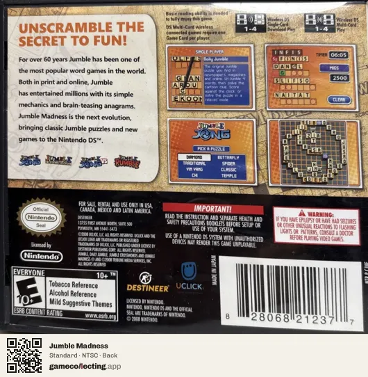 Jumble Madness Nintendo DS, NTSC box back