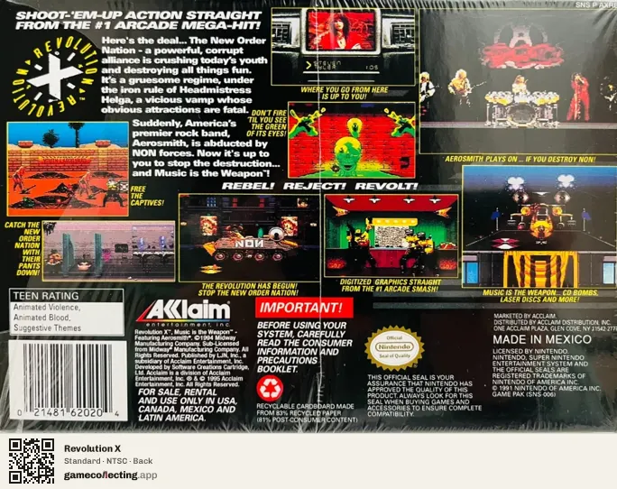 Revolution X Super Nintendo Entertainment System, NTSC box back