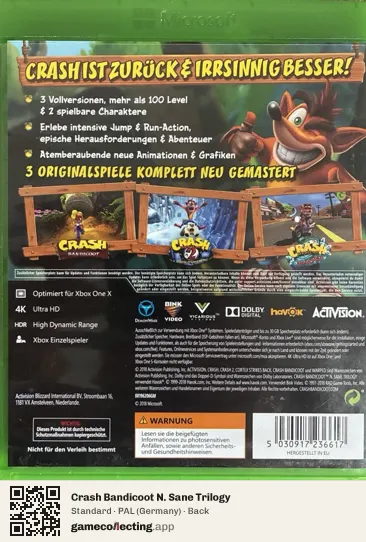 Crash Bandicoot N. Sane Trilogy Xbox One, Germany box back