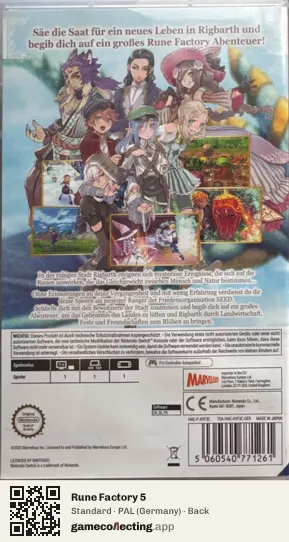 Rune Factory 5 Nintendo Switch, Germany box back