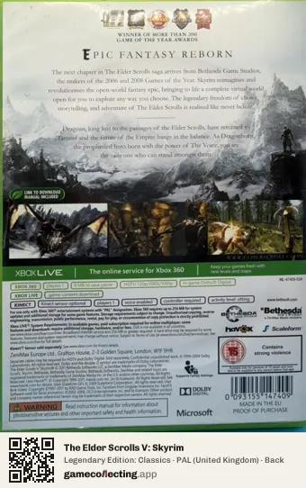 The Elder Scrolls V: Skyrim Xbox 360, United Kingdom box back