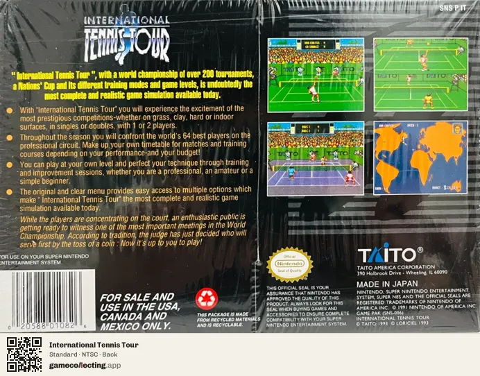 International Tennis Tour Super Nintendo Entertainment System, NTSC box back