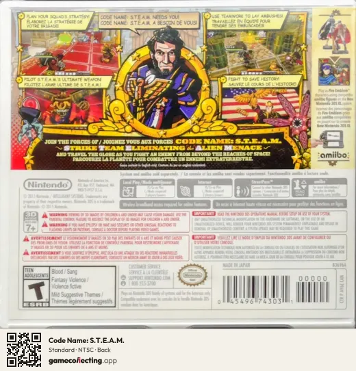 Code Name: S.T.E.A.M. Nintendo 3DS, NTSC box back