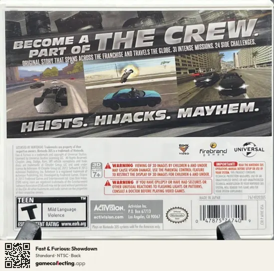 Fast & Furious: Showdown Nintendo 3DS, NTSC box back