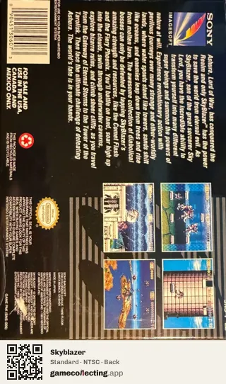Skyblazer Super Nintendo Entertainment System, NTSC box back
