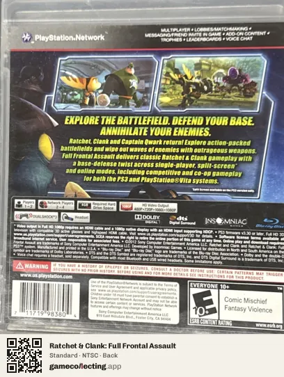 Ratchet & Clank: Full Frontal Assault PlayStation 3, NTSC box back
