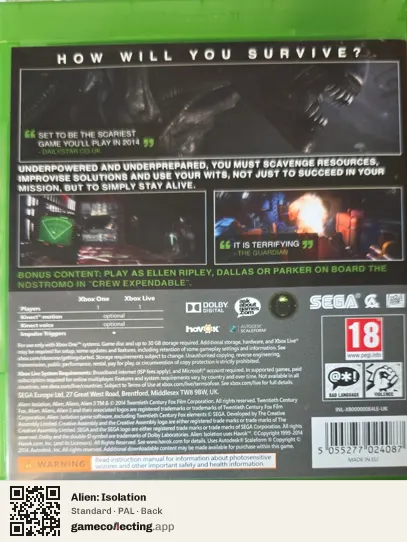 Alien: Isolation Xbox One, PAL box back