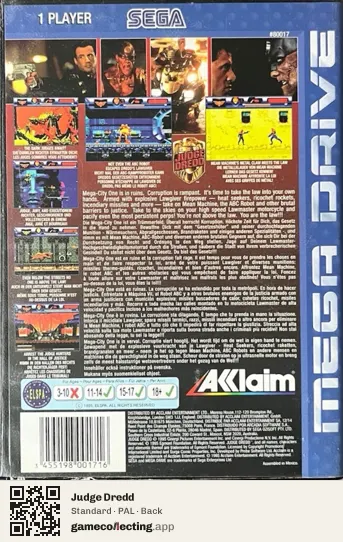Judge Dredd Sega Mega Drive / Genesis, PAL box back