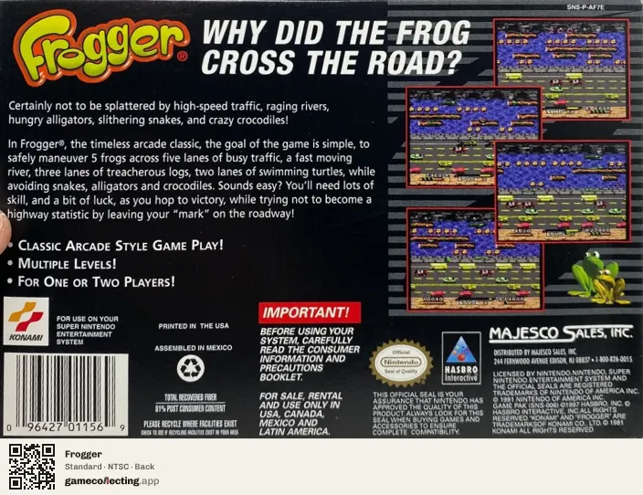 Frogger Super Nintendo Entertainment System, NTSC box back