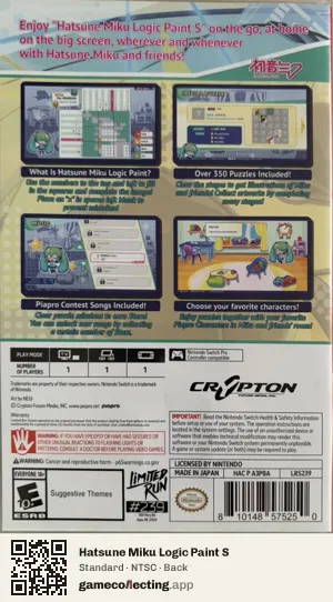 Hatsune Miku Logic Paint S Nintendo Switch, NTSC box back
