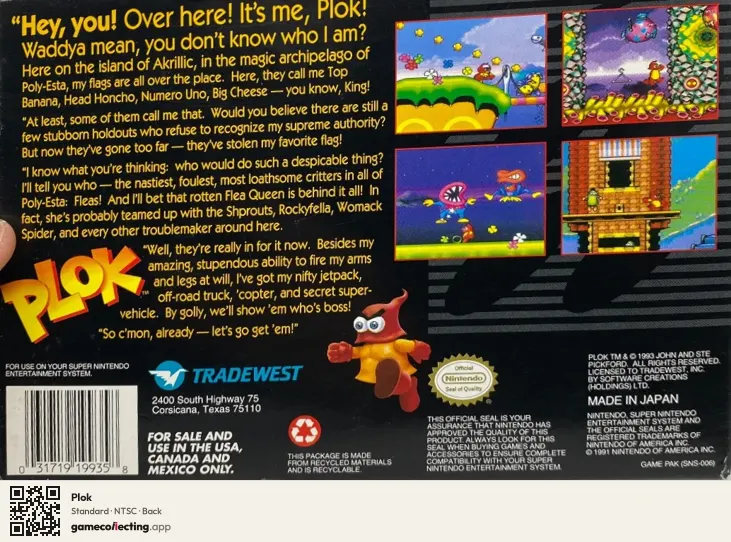Plok Super Nintendo Entertainment System, NTSC box back
