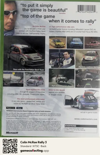 Colin McRae Rally 3 Xbox, NTSC box back