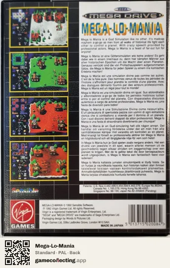 Mega-Lo-Mania Sega Mega Drive / Genesis, PAL box back