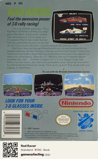 Rad Racer Nintendo Entertainment System, NTSC box back