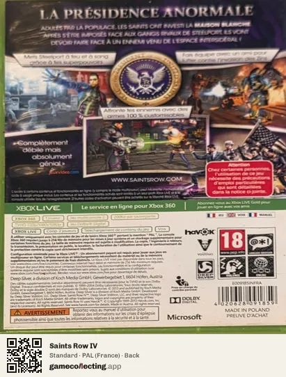 Saints Row IV Xbox 360, France box back