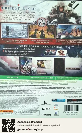 Assassin's Creed III Xbox 360, Germany box back