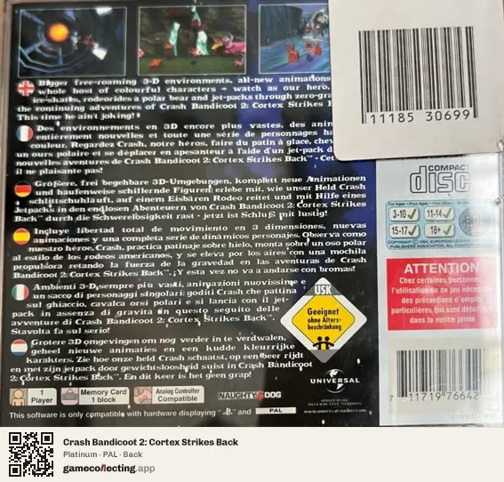 Crash Bandicoot 2: Cortex Strikes Back PlayStation, PAL box back