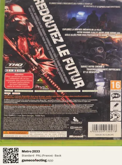 Metro 2033 Xbox 360, France box back