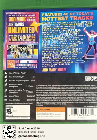 Just Dance 2018 Xbox One, NTSC box back