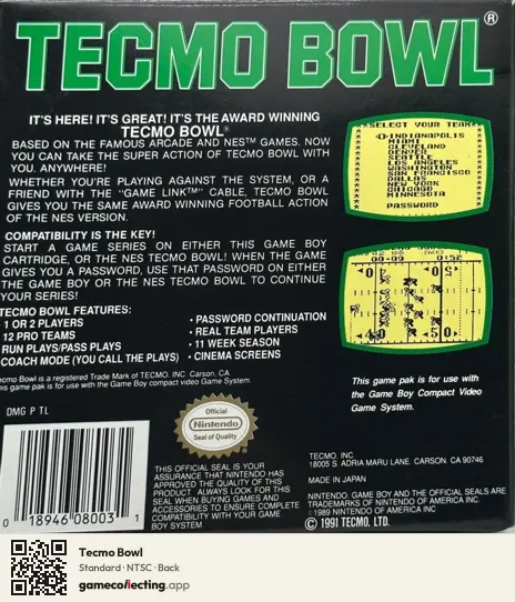 Tecmo Bowl Game Boy, NTSC box back