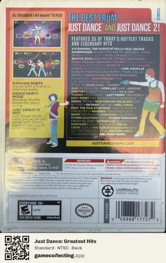 Just Dance: Greatest Hits Nintendo Wii, NTSC box back