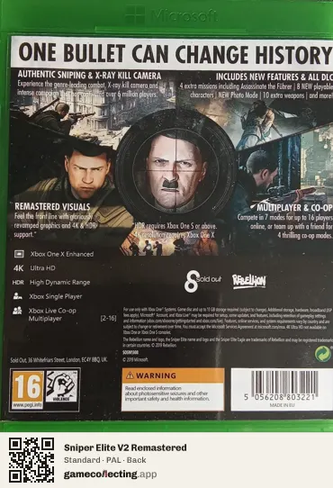 Sniper Elite V2 Remastered Xbox One, PAL box back