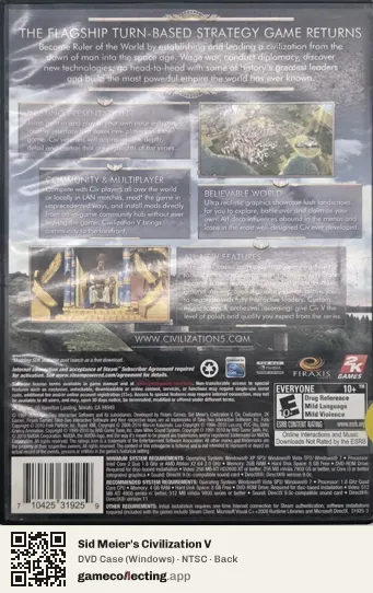 Sid Meier's Civilization V Computer, NTSC box back