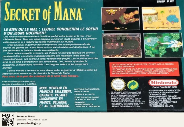 Secret of Mana Super Nintendo Entertainment System, France box back