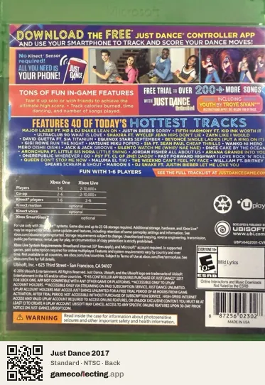 Just Dance 2017 Xbox One, NTSC box back