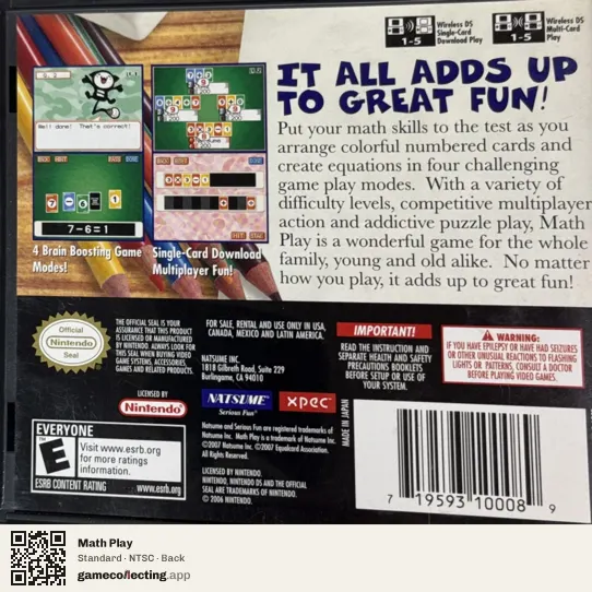 Math Play Nintendo DS, NTSC box back