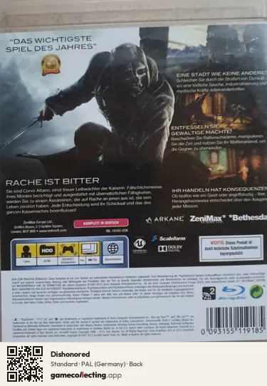 Dishonored PlayStation 3, Germany box back