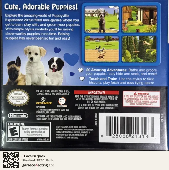 I Love Puppies Nintendo DS, NTSC box back