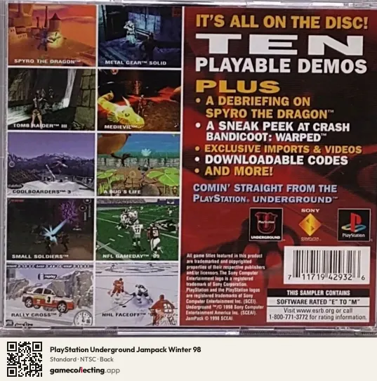 PlayStation Underground Jampack Winter 98 PlayStation, NTSC box back