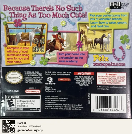 Horsez Nintendo DS, NTSC box back