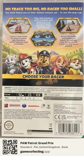PAW Patrol: Grand Prix Nintendo Switch, United Kingdom box back