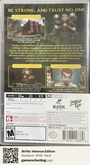 Strife: Veteran Edition Nintendo Switch, NTSC box back