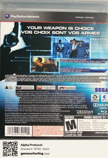 Alpha Protocol PlayStation 3, NTSC box back