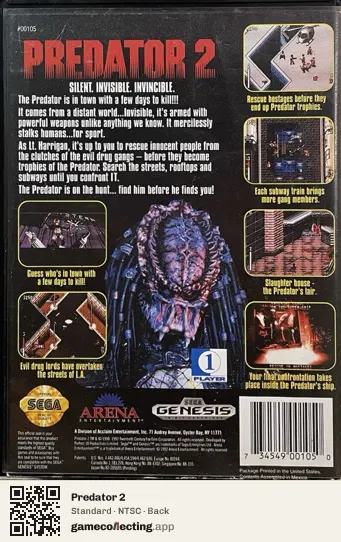 Predator 2 Sega Mega Drive / Genesis, NTSC box back