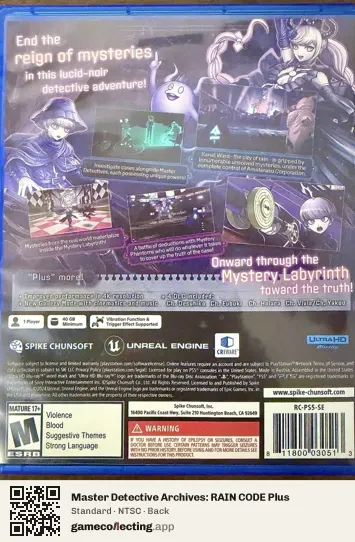 Master Detective Archives: RAIN CODE Plus PlayStation 5, NTSC box back