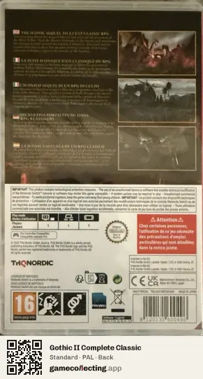Gothic II Complete Classic Nintendo Switch, PAL box back
