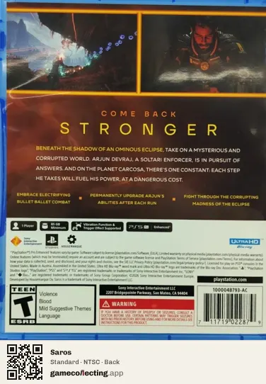 Saros PlayStation 5, NTSC box back