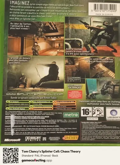 Tom Clancy's Splinter Cell: Chaos Theory Xbox, France box back
