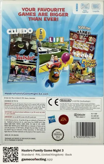 Hasbro Family Game Night 3 Nintendo Wii, United Kingdom box back