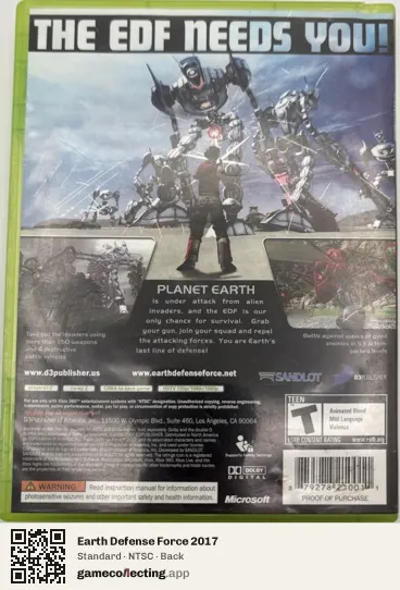 Earth Defense Force 2017 Xbox 360, NTSC box back