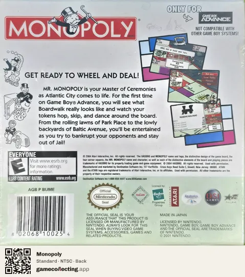 Monopoly Game Boy Advance, NTSC box back