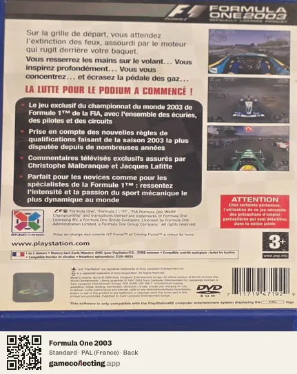 Formula One 2003 PlayStation 2, France box back
